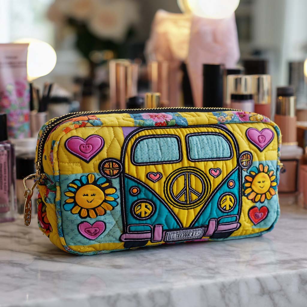 Sunny Bus Vibes quilted make-up bag with blue camper van with a peace sign, hearts and suns on yellow