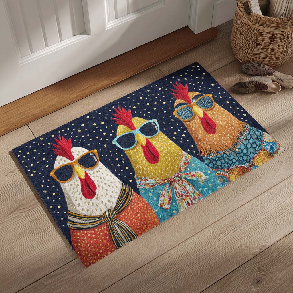 Sunny Cluckers doormat – chickens in sunglasses