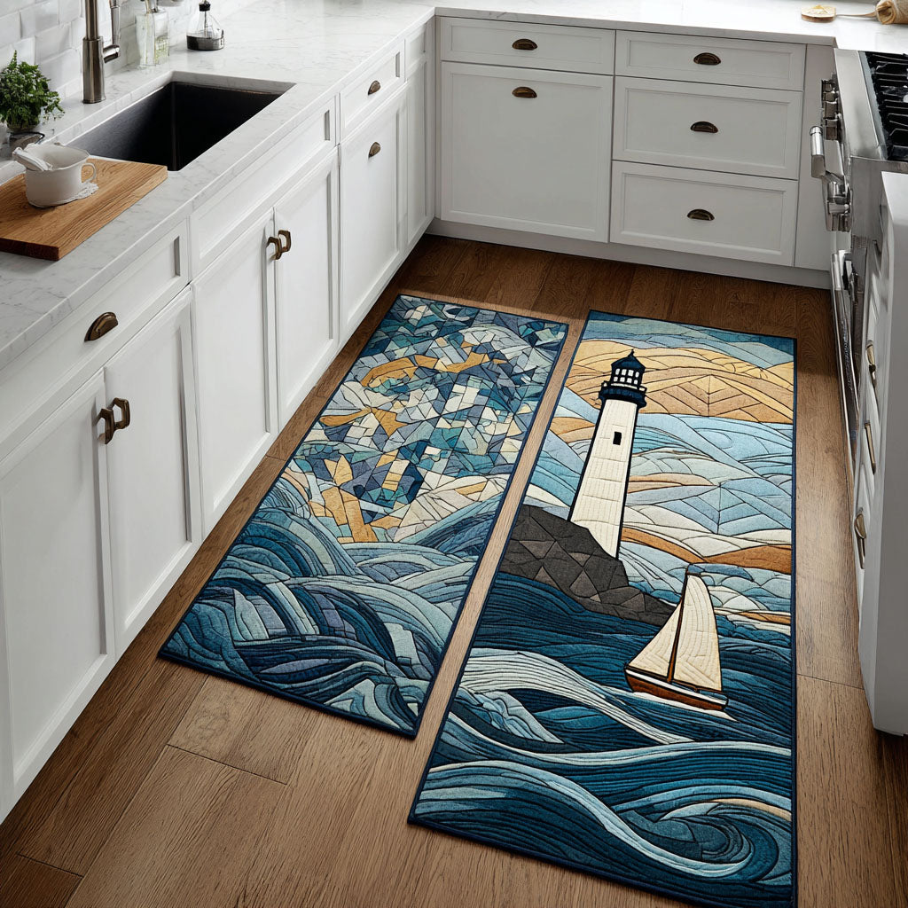 Sunny Lighthouse kitchen mat set – lighthouse and sailboat