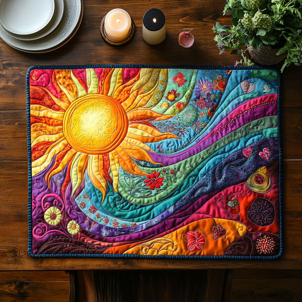 Sunny Vibes quilted placemats – sun over rainbow waves