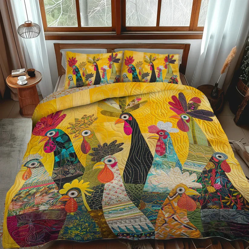 Close-up of the wave-stitch quilting on the Sunrise Cockerels bedspread