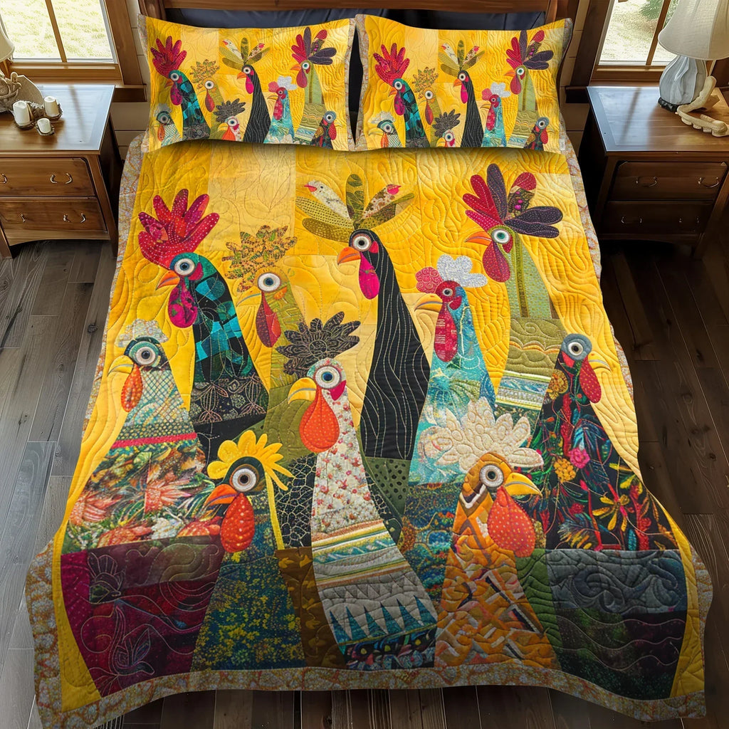 Quilted bedspread set with cockerels among wheat and wildflowers against an amber sunrise in the Sunrise Cockerels design