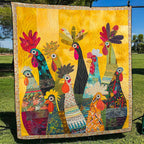 Sunrise Roosters quilted throw – folk art roosters on sunny yellow