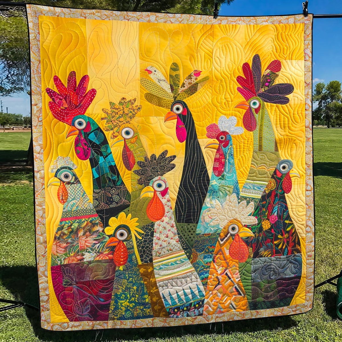 Sunrise Roosters quilted throw – folk art roosters on sunny yellow