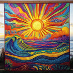Sunrise Symphony quilted throw – golden sun bursting over a colourful sea