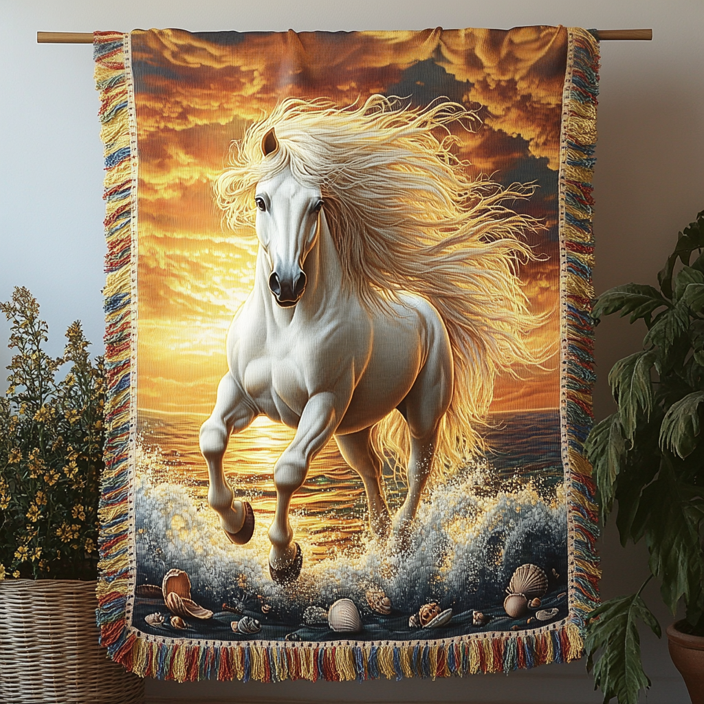 White Horse Sunset woven sofa throw – white horse galloping at sunset