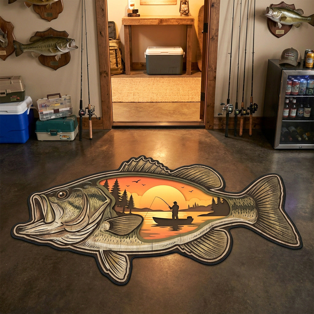 Sunset Bass shaped rug – bass with sunset scene