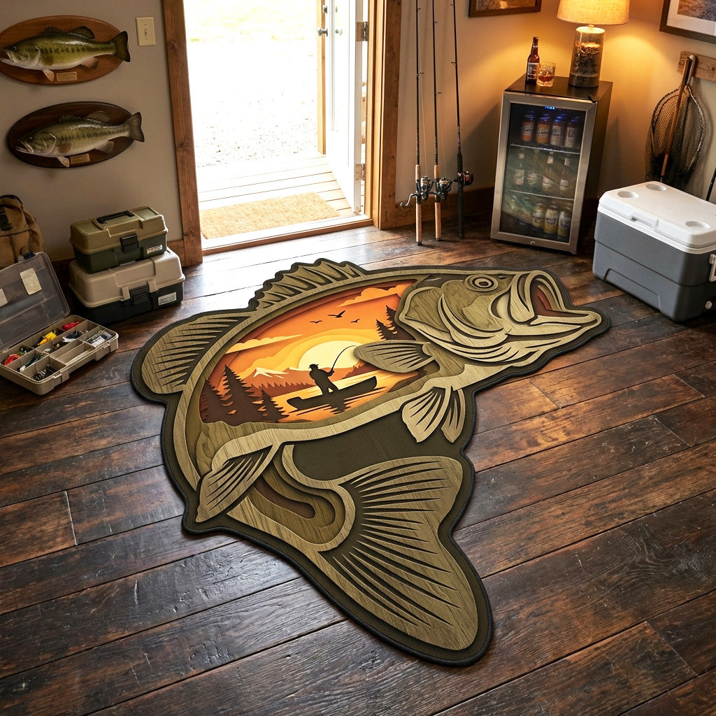 Sunset Angler Bass shaped rug – leaping bass at sunset