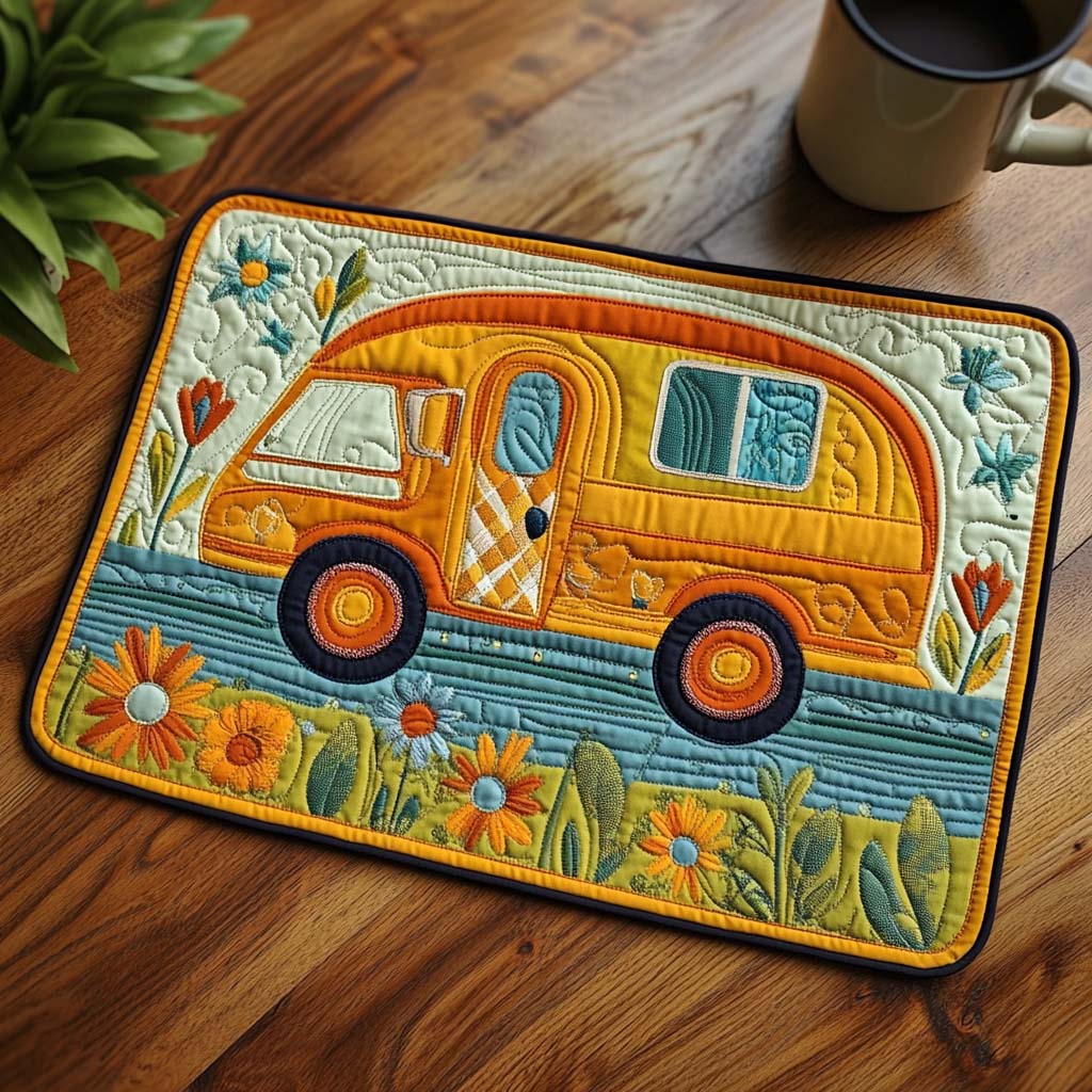 Sunset Camper quilted placemats – retro yellow camper
