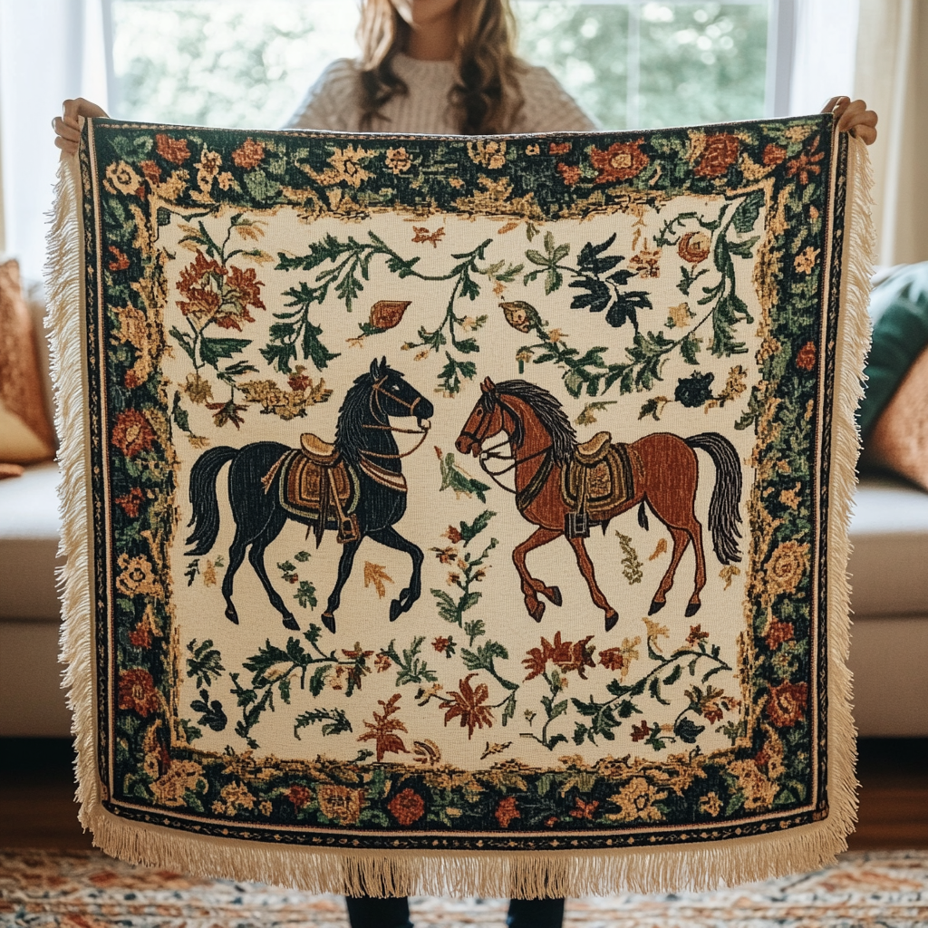 Folk Horses woven sofa throw – saddled horses among folk flowers