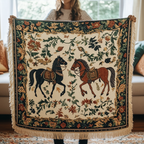 Folk Horses woven sofa throw – saddled horses among folk flowers