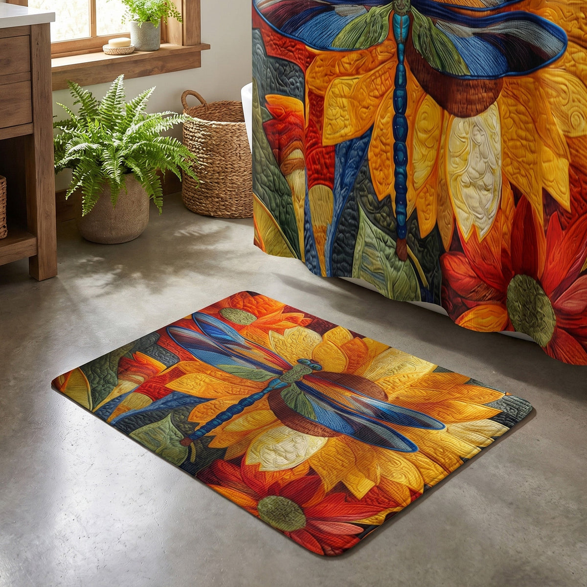 Sunset Garden Dragonfly bath mat – dragonfly and sunflowers