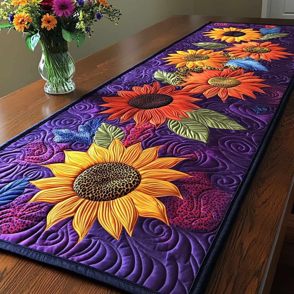 Sunflowers on Purple quilted table runner – sunflowers on purple