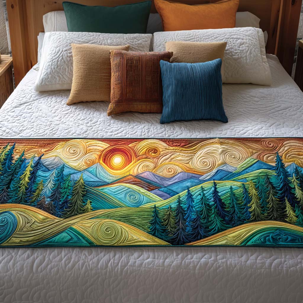 Sunset Hills quilted bed runner – green hills beneath a golden sunset