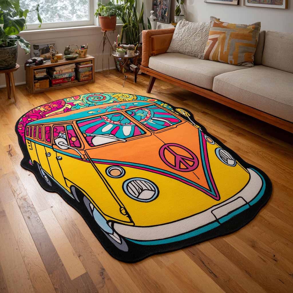 Sunset Rider Van shaped rug – yellow camper van