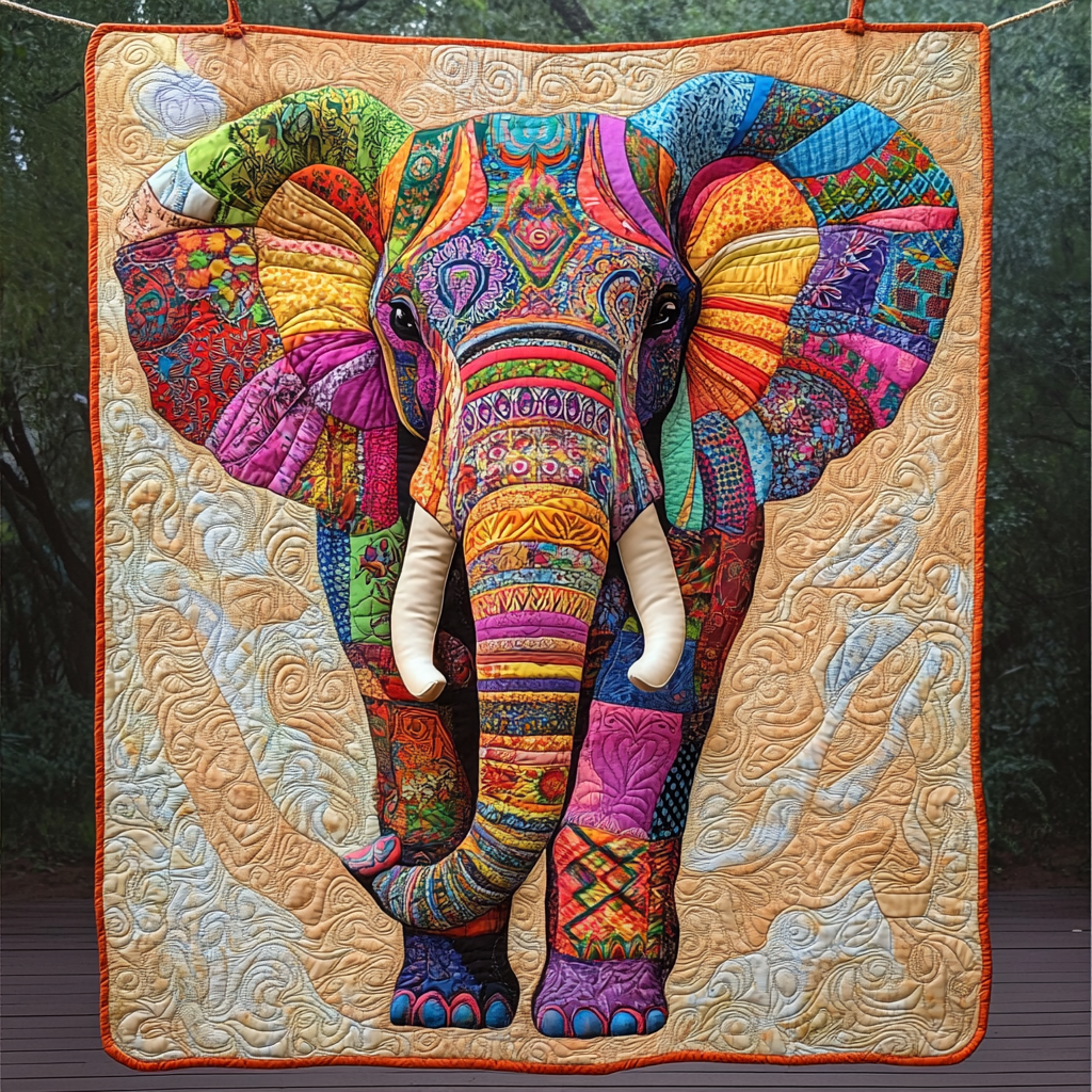 Patchwork Painted Elephant quilted throw – elephant in bright patchwork on cream