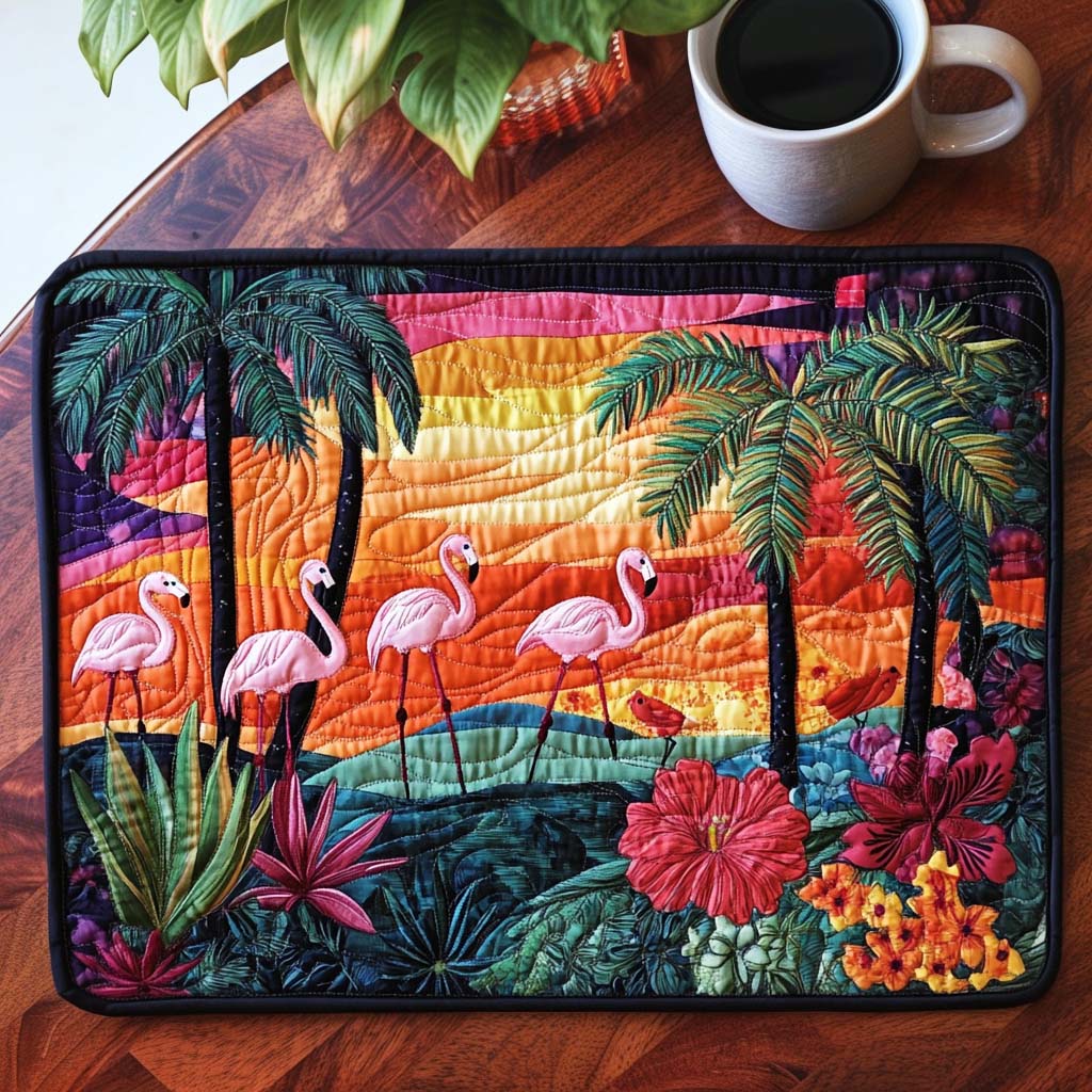 Sunset Stroll quilted placemats – flamingos at sunset