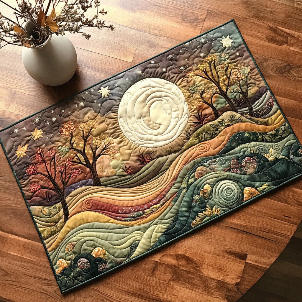 Sunset Symphony quilted placemats – moon over rolling hills