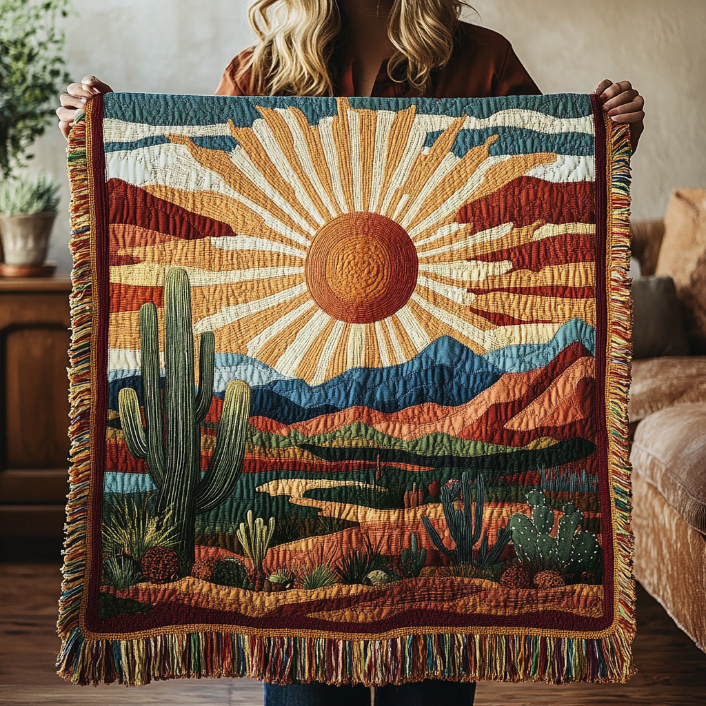 Desert Trail Sun woven sofa throw – sun over red hills and cacti