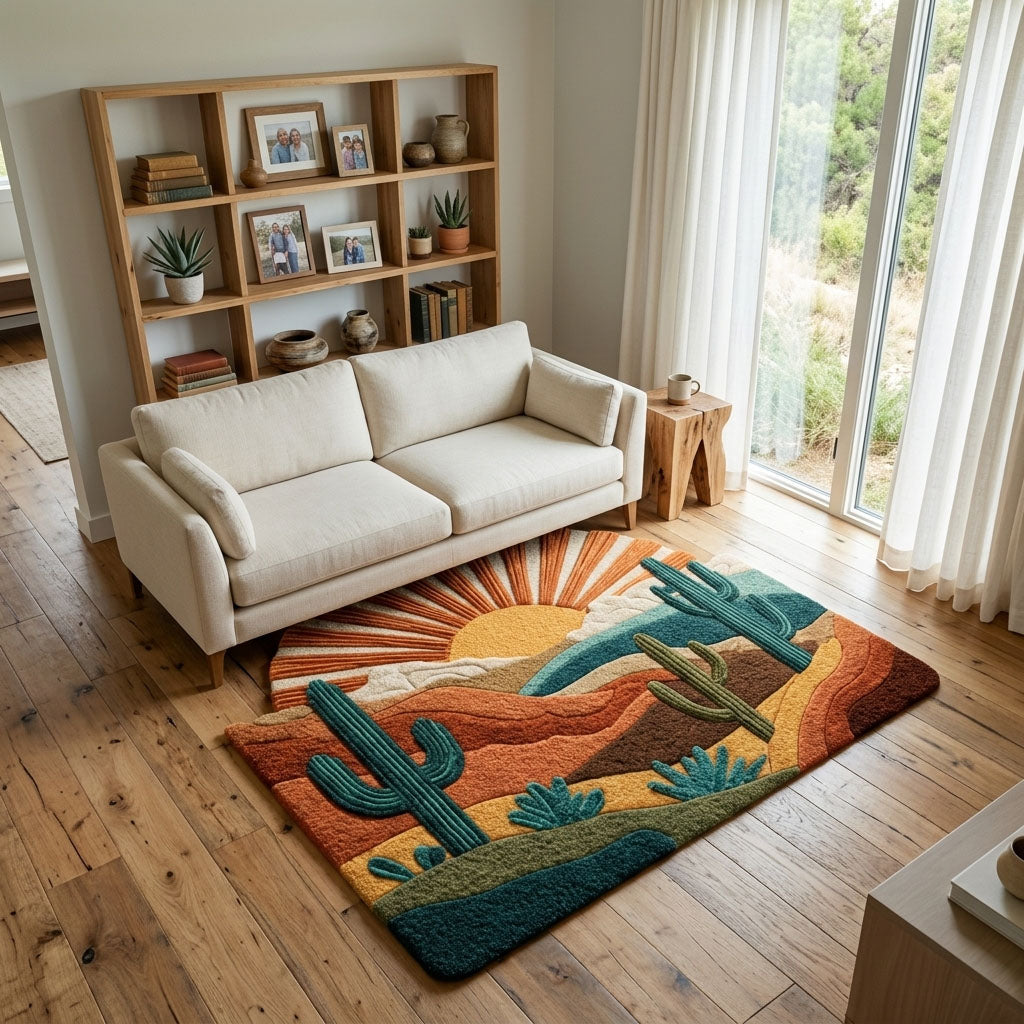 Sunset Valley shaped rug – cacti at sunset