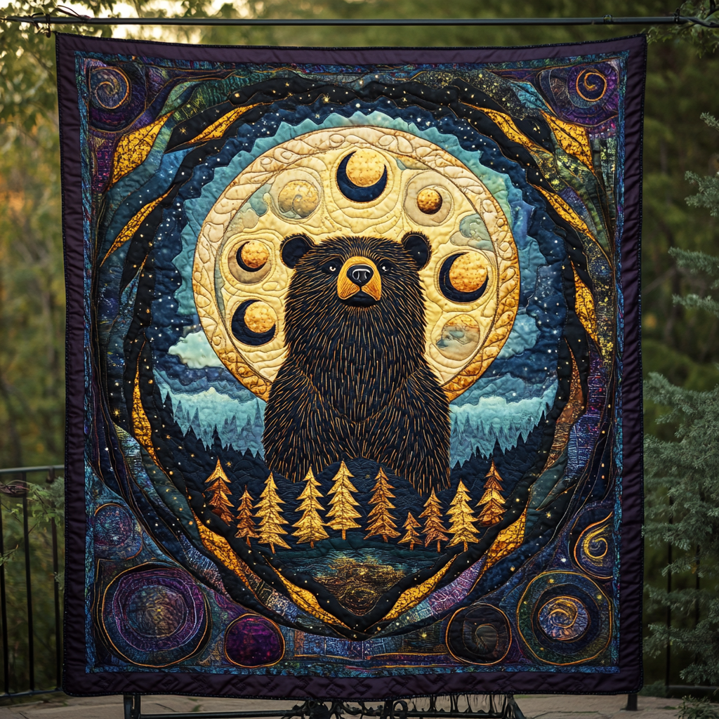 Moon Phase Bear quilted throw – black bear beneath moon phases
