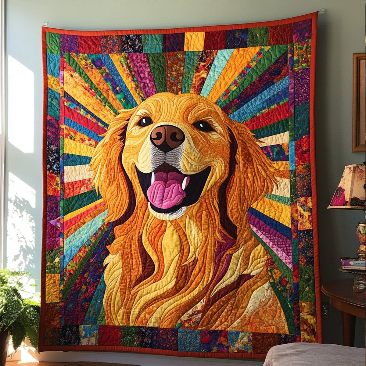 Sunshine Retriever quilted throw – golden Retriever before colourful patchwork rays