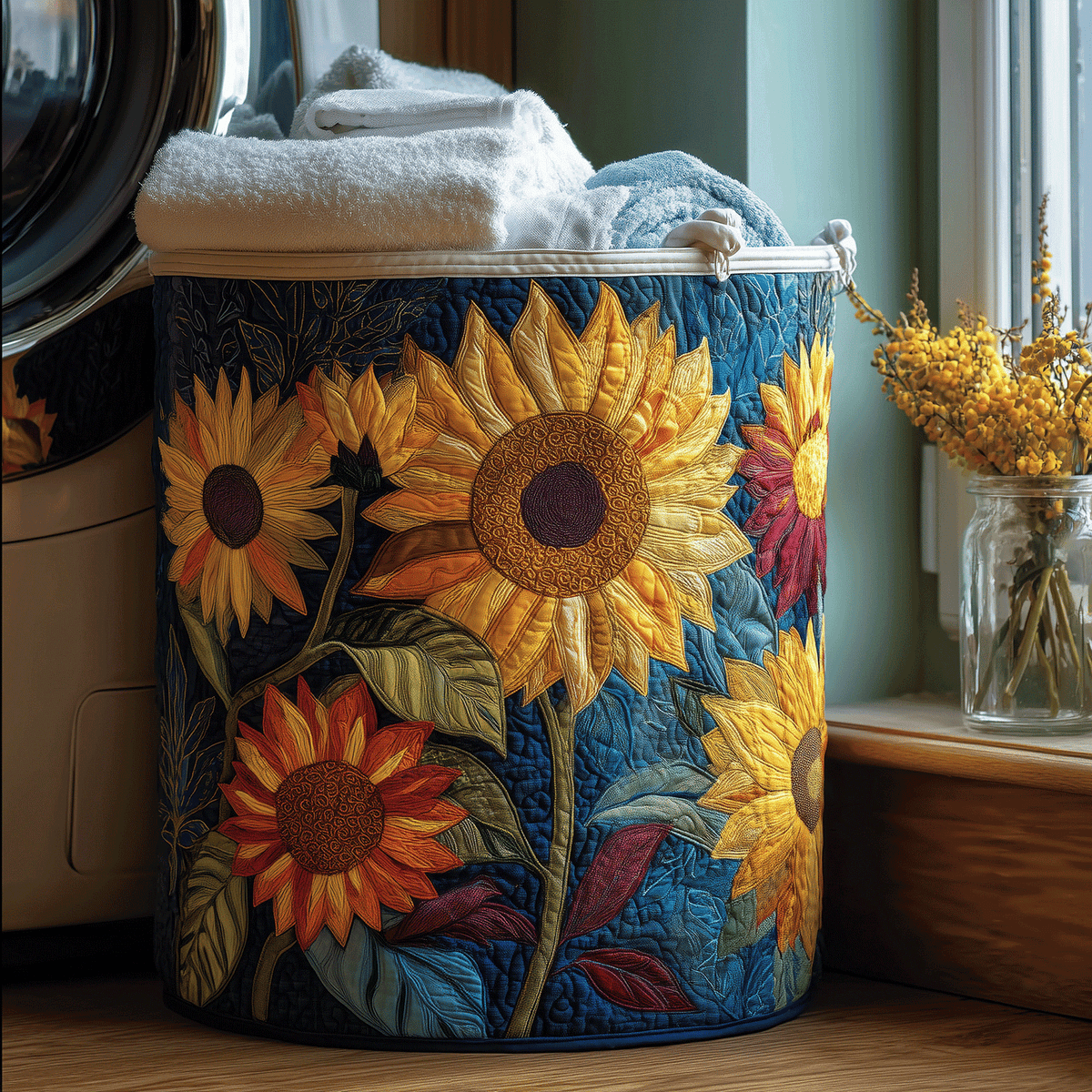 Quilted laundry basket with gold sunflowers on a deep teal ground