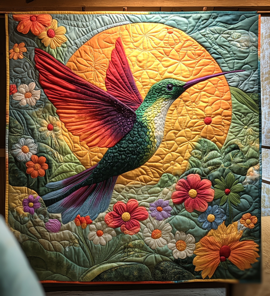 Hummingbird Sunset quilted throw – hummingbird before a golden sun