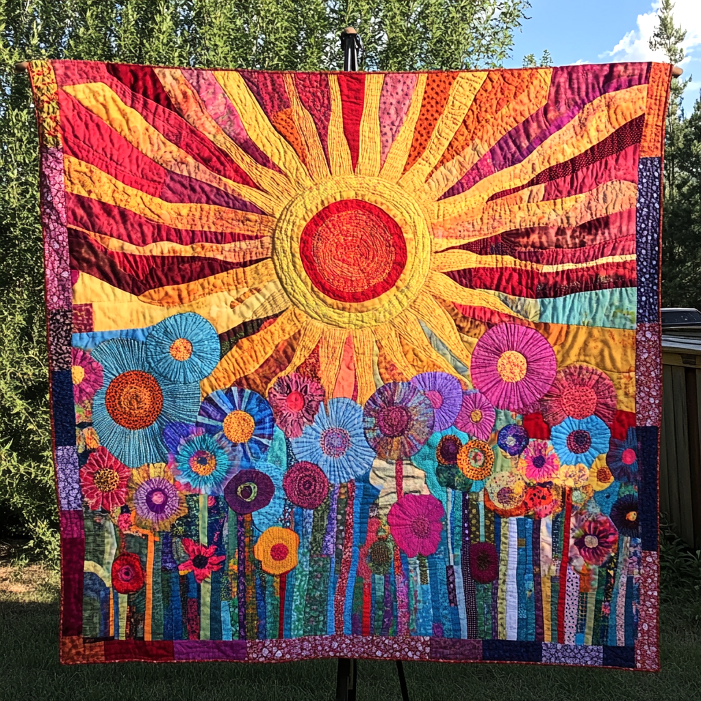Sunshine Flower Garden quilted throw – blazing sun over bright patchwork flowers