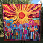 Sunshine Flower Garden quilted throw – blazing sun over bright patchwork flowers