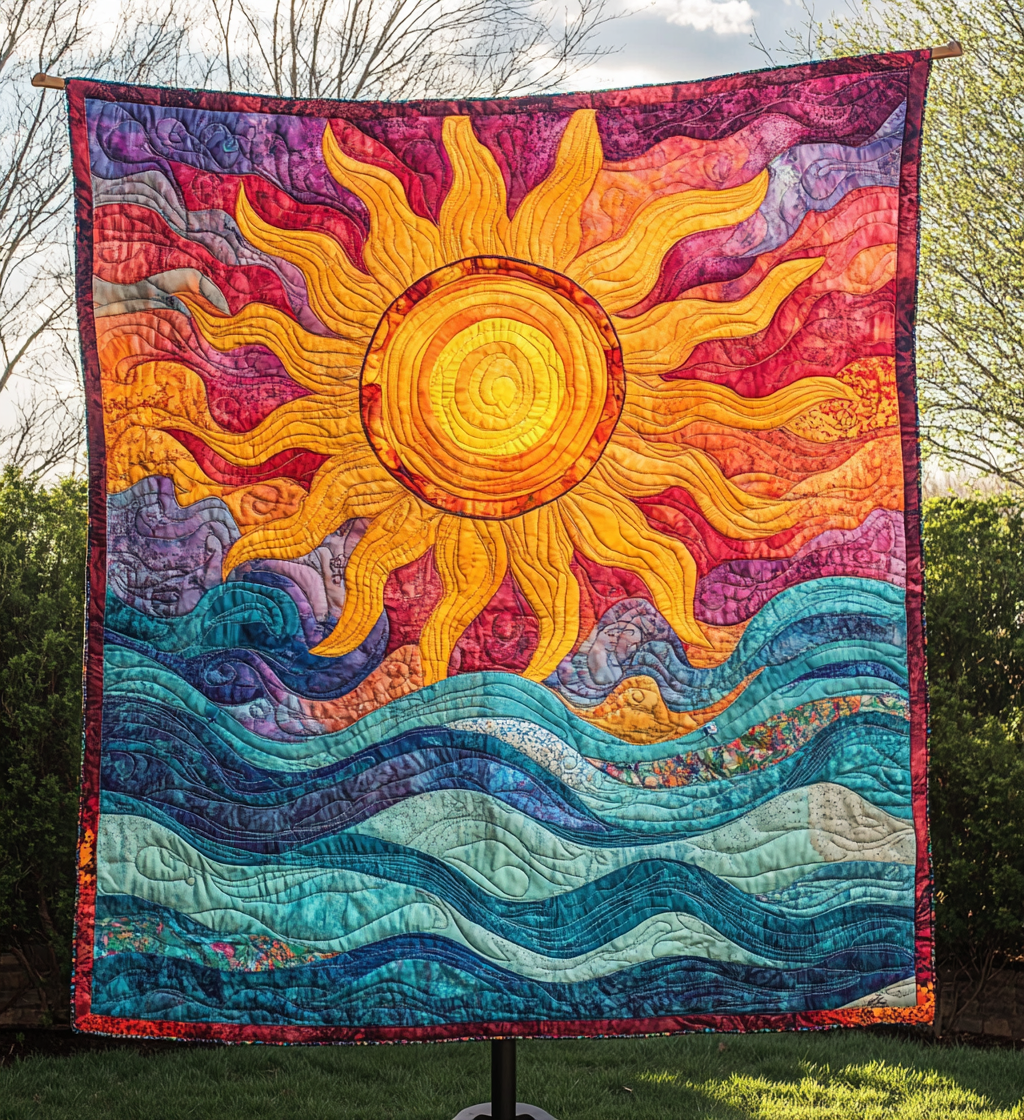 Sun over Teal Waves quilted throw – golden sun over teal waves