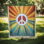 Sunrise Peace woven sofa throw – peace sign in rainbow rays