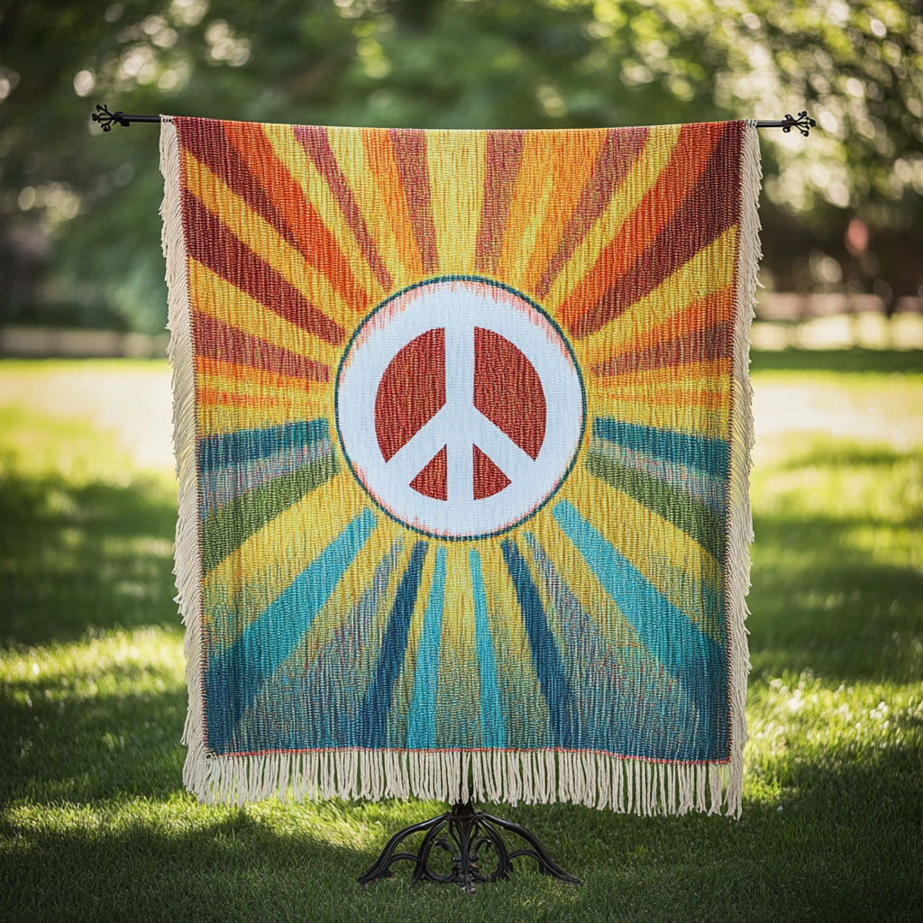 Sunrise Peace woven sofa throw – peace sign in rainbow rays