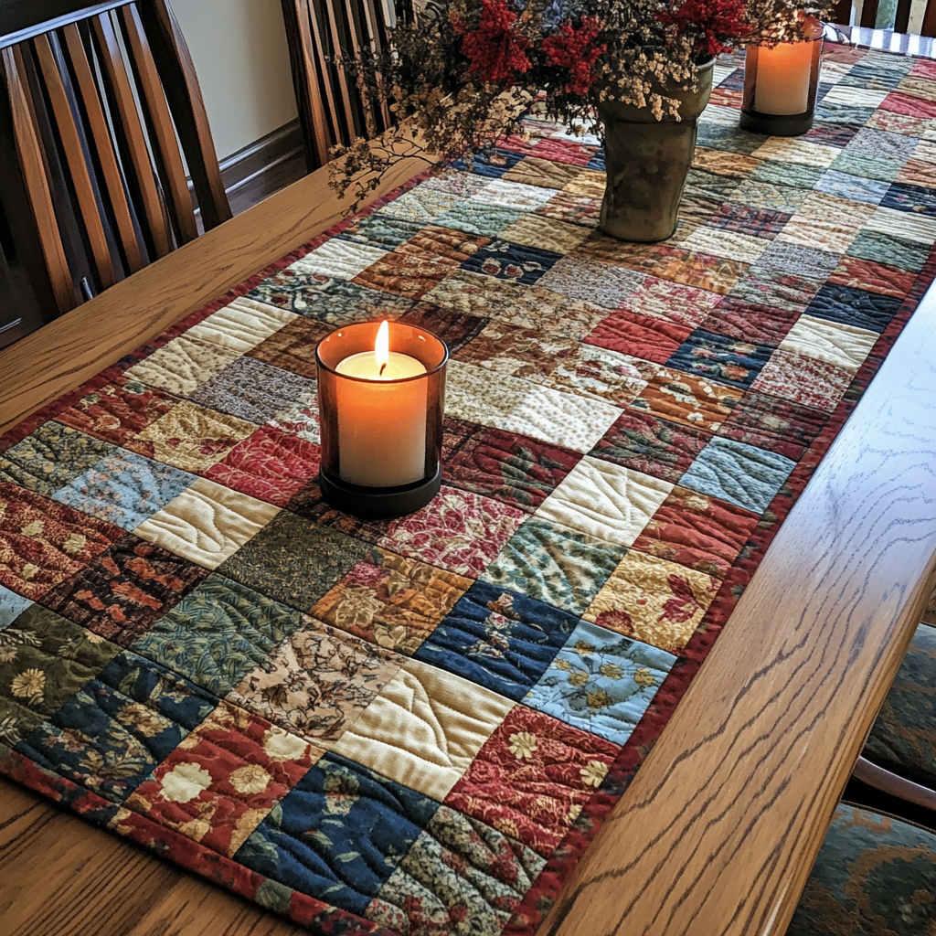Scrappy Patchwork quilted table runner – scrappy multicoloured squares