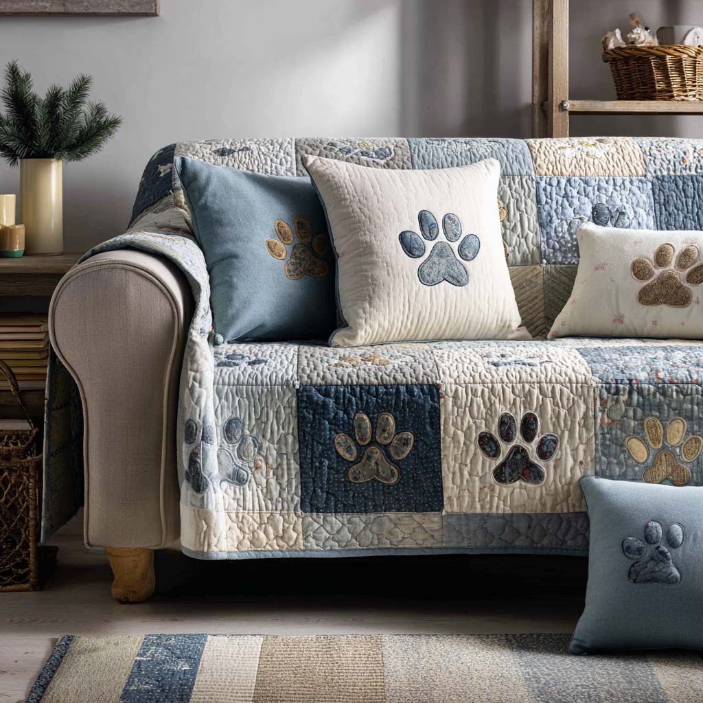 Soft Blue Paws quilted sofa cover with denim blue, dove grey and cream squares and paw prints in sand and slate