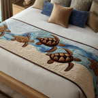 Brown Turtles on Blue quilted bed runner – brown sea turtles on soft blue waves