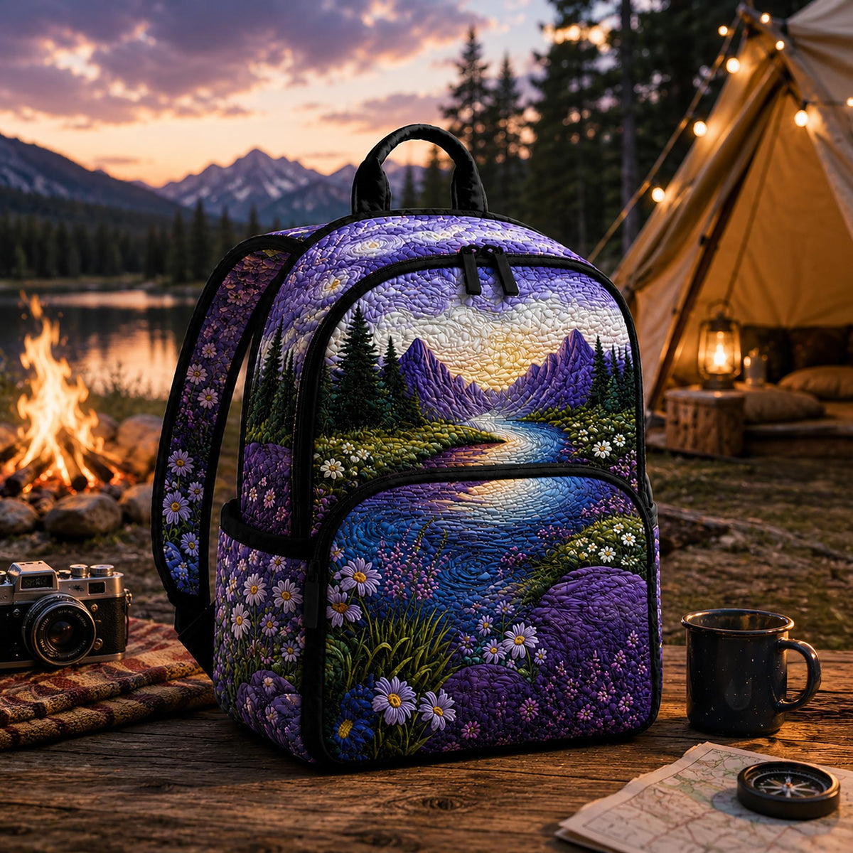 Artisan quilted backpack with tall purple wildflowers and blue mountain ridges behind them