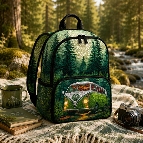 Artisan quilted backpack with a sage green vintage camper van amongst flowers and greenery across the front