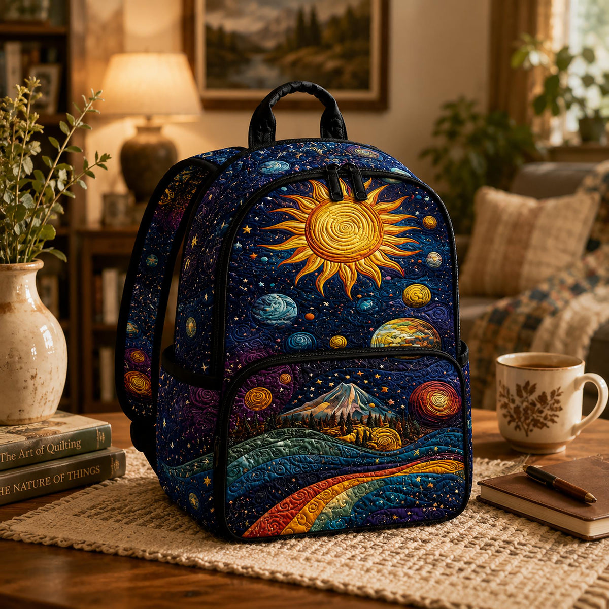 Artisan quilted backpack with a swirling blue and gold starry night sky across the quilted front panel