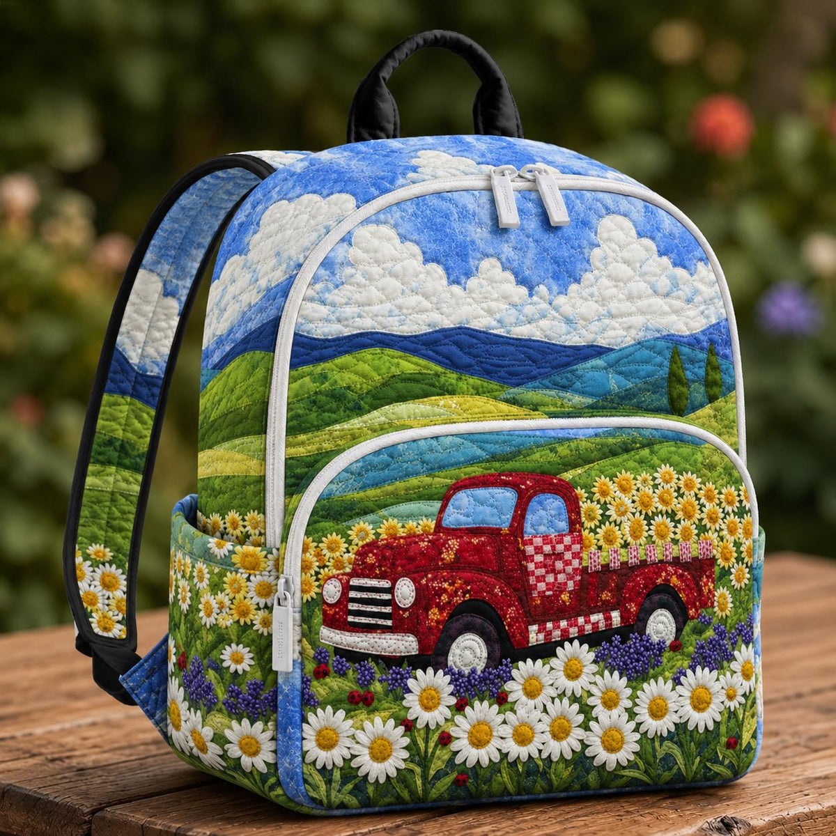 Artisan quilted backpack with rolling green and gold country fields under a wide sky across the front