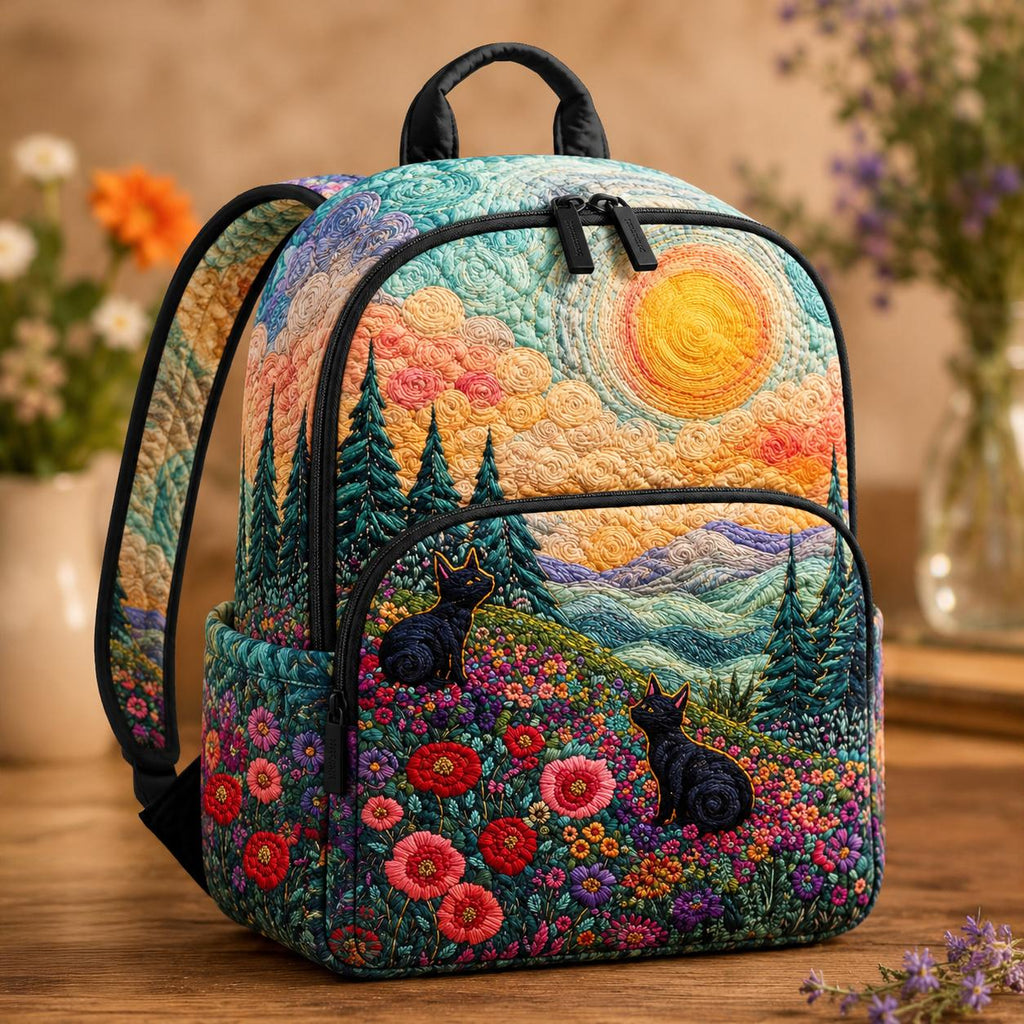 Artisan quilted backpack with a cat looking out over green open countryside across the quilted front panel