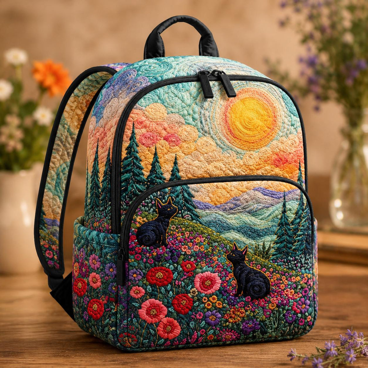 Artisan quilted backpack with a cat looking out over green open countryside across the quilted front panel