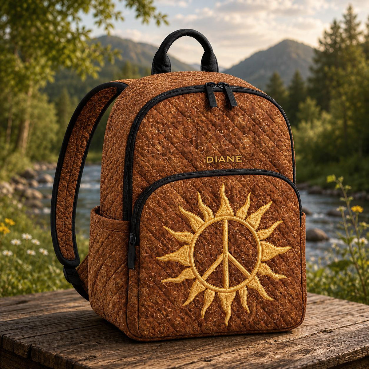 Artisan quilted backpack in warm vintage brown, quilted in fine ribbed lines that resemble corduroy