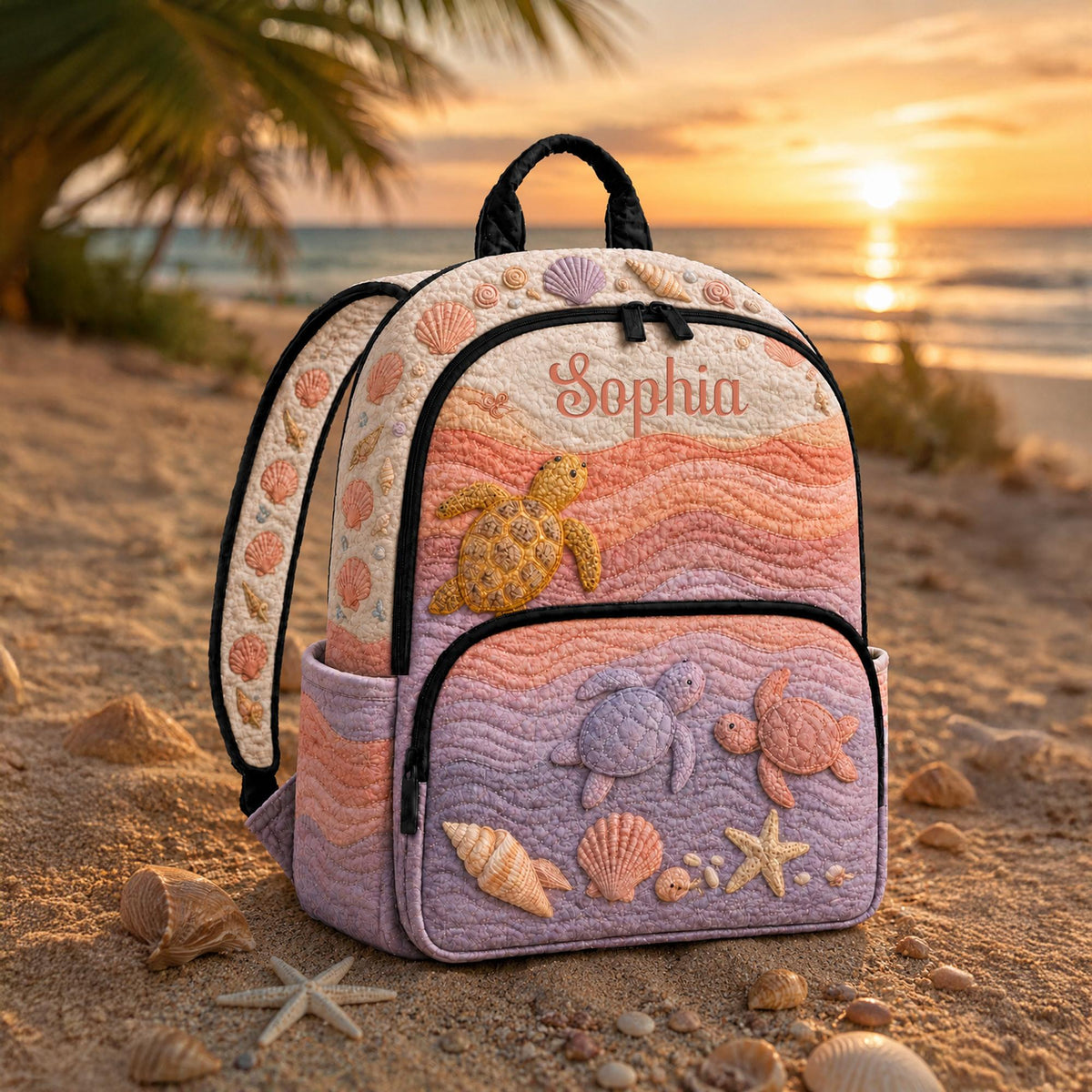 Artisan quilted backpack with a sea turtle moving through deep blue ocean water across the quilted front panel
