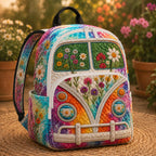 Artisan quilted backpack with a retro hippie camper van amongst painted flowers and swirls across the front