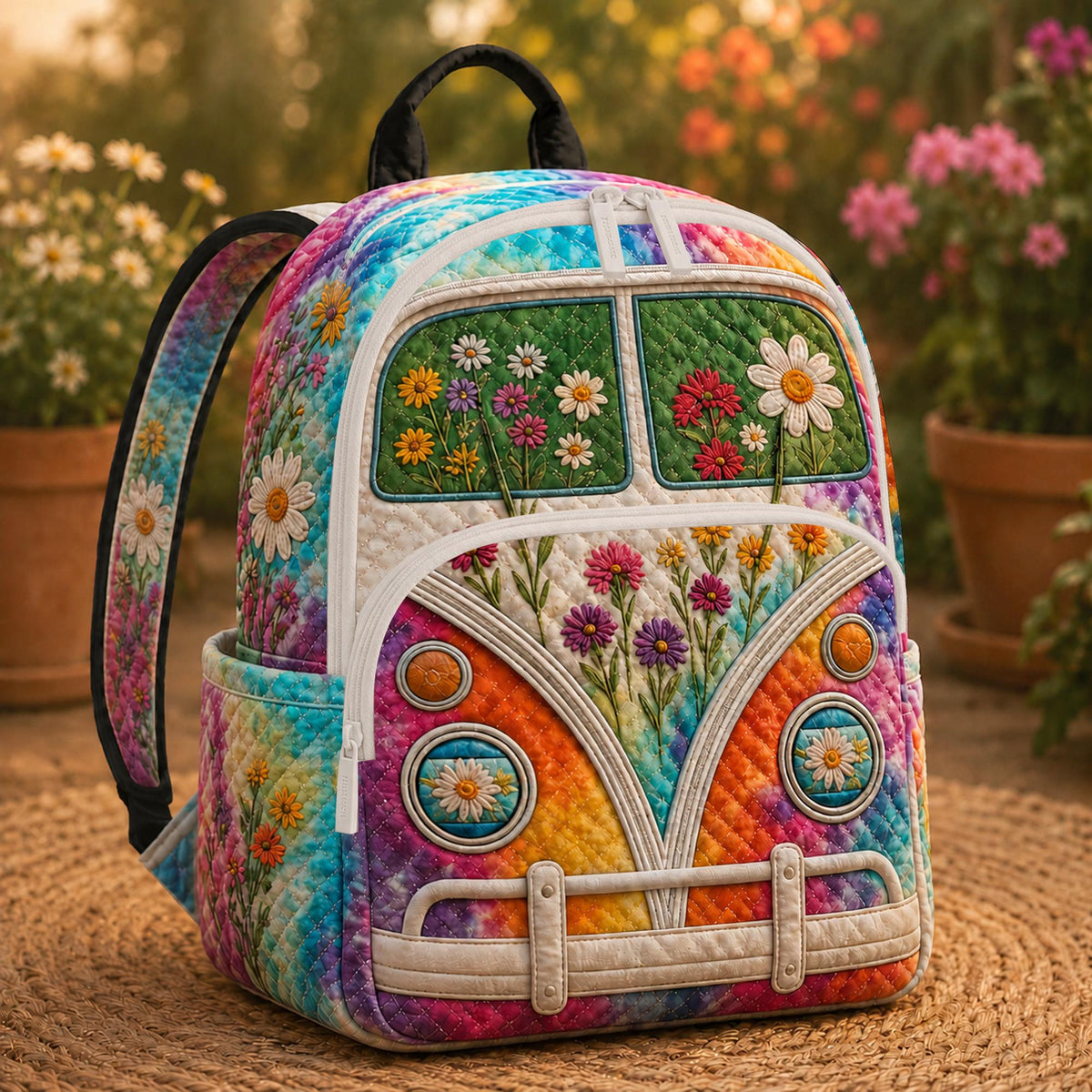 Artisan quilted backpack with a retro hippie camper van amongst painted flowers and swirls across the front