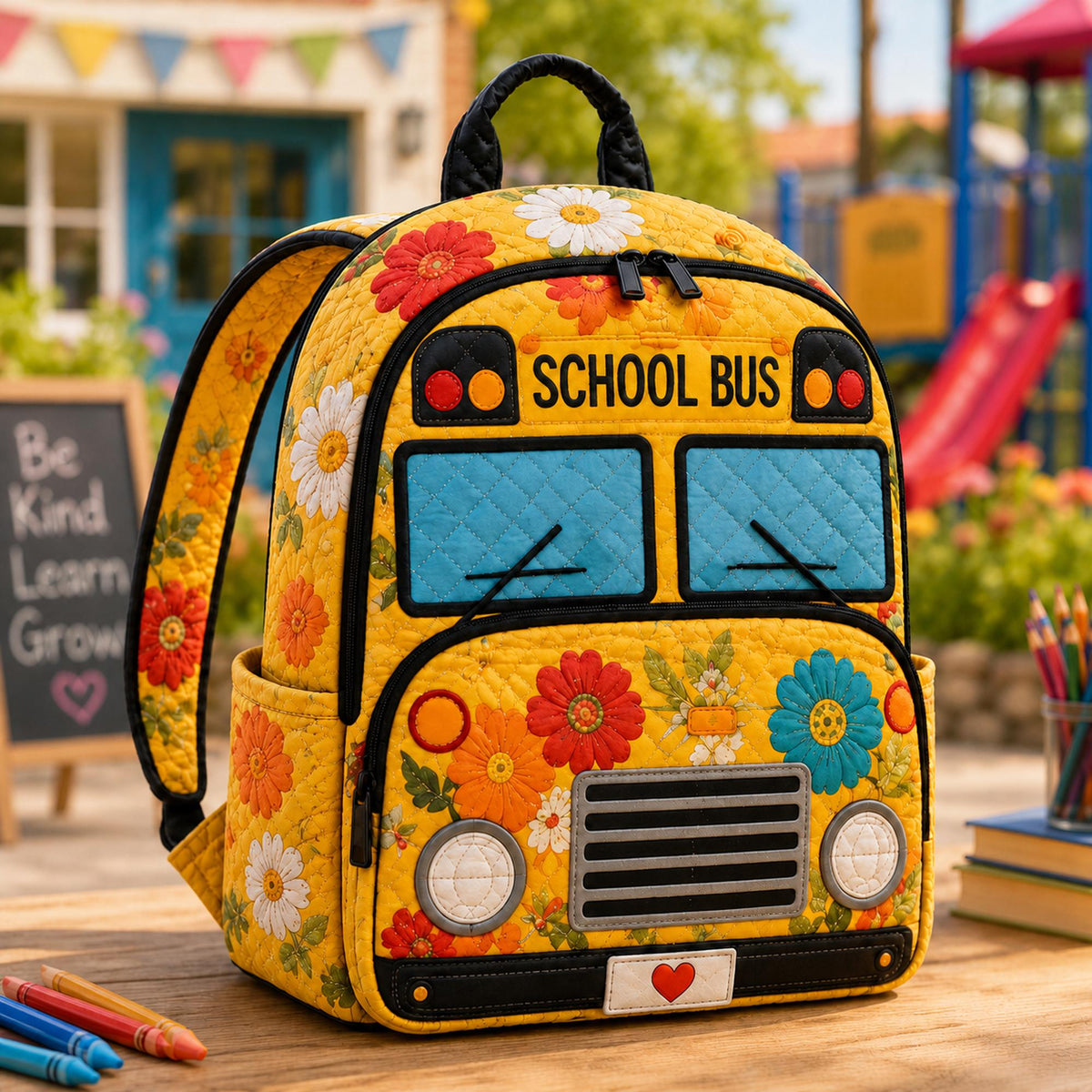 Artisan quilted backpack with a bright yellow school bus across the quilted front panel