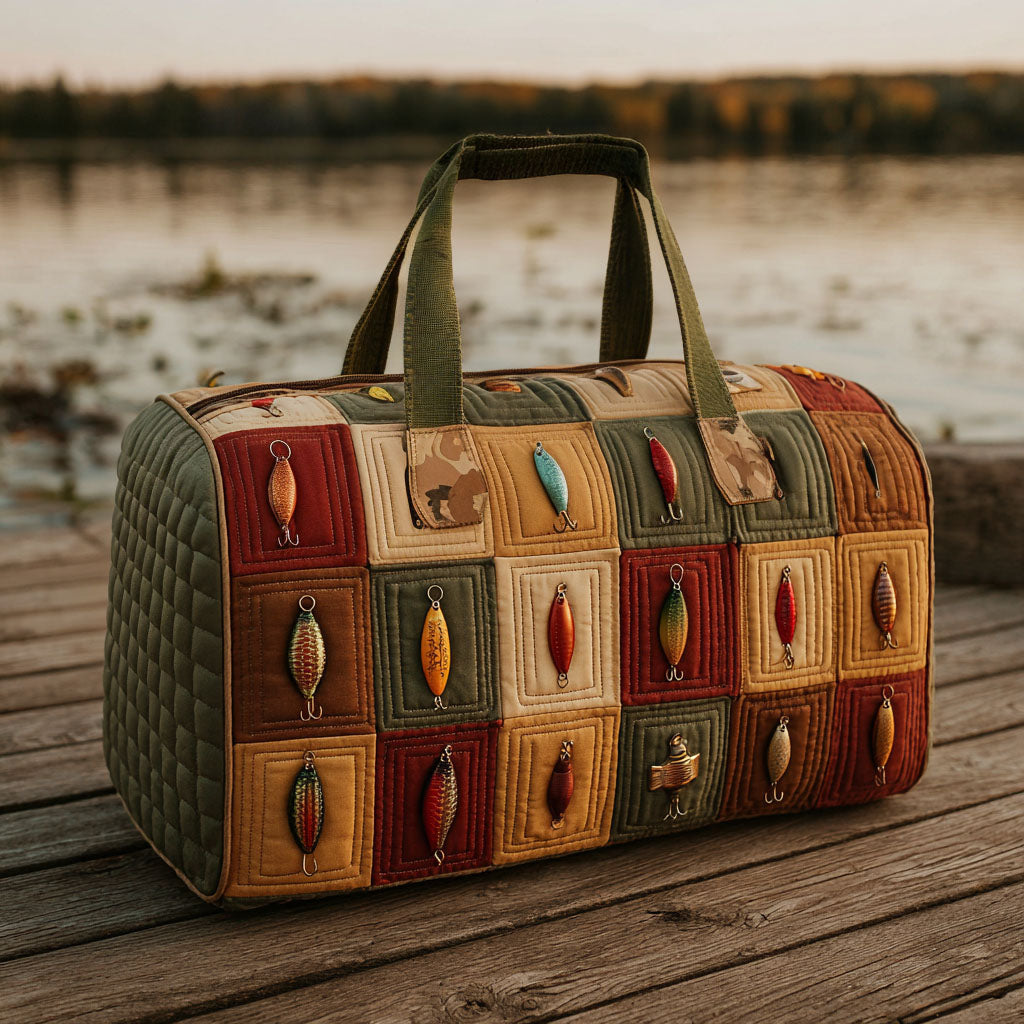 Tackle Box quilted weekend bag – fishing lure patchwork