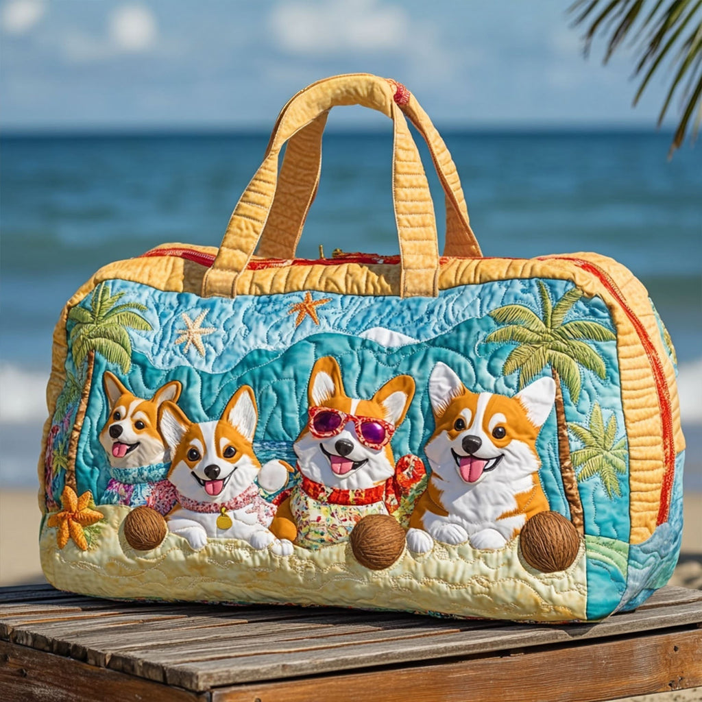 Tail-Wag Magic quilted weekend bag – corgis on beach