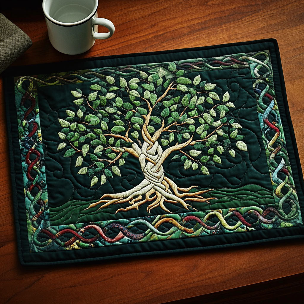 Green Leaf Tree of Life quilted placemats – leafy tree of life